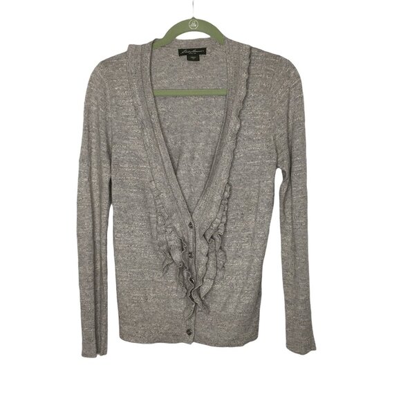 Eddie Bauer Gray Sweater Cardigan Women Size XSmall Long Sleeve Ruffle Button - Picture 2 of 6